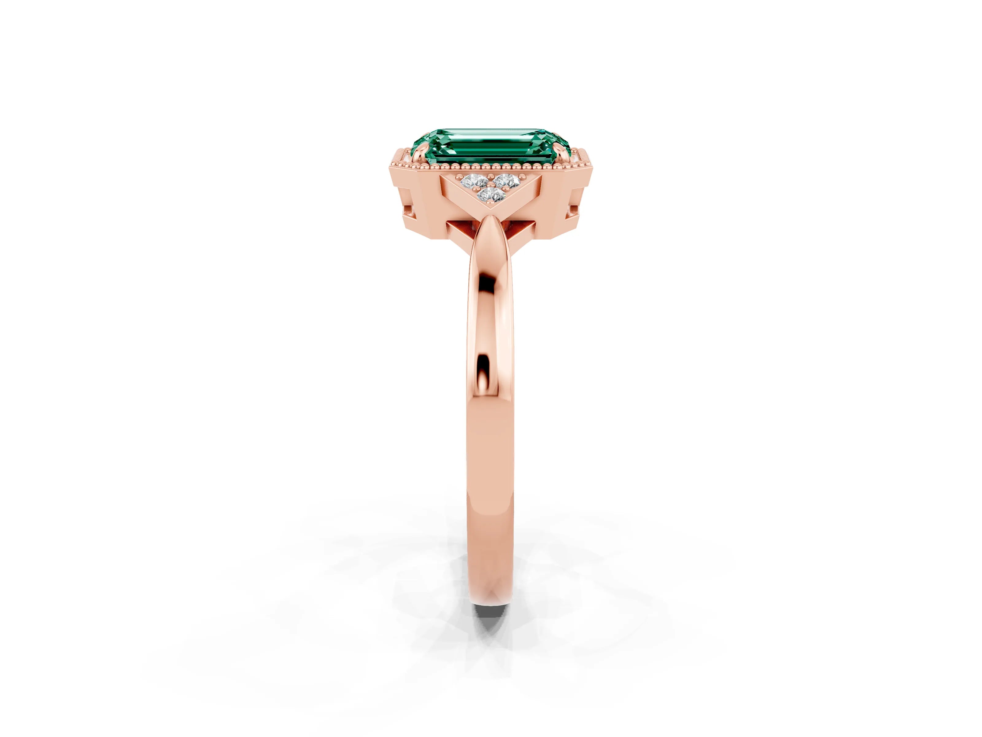 Rose gold Emerald Cut Green Sapphire Halo Ring with Tapered Band and Four-Prong Setting_2