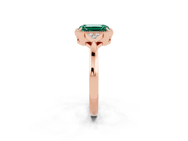 Rose gold Emerald Cut Green Sapphire Halo Ring with Tapered Band and Four-Prong Setting