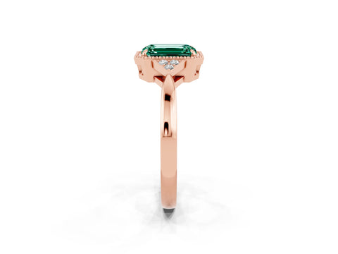 Rose gold Emerald Cut Green Sapphire Halo Ring with Tapered Band and Four-Prong Setting_2