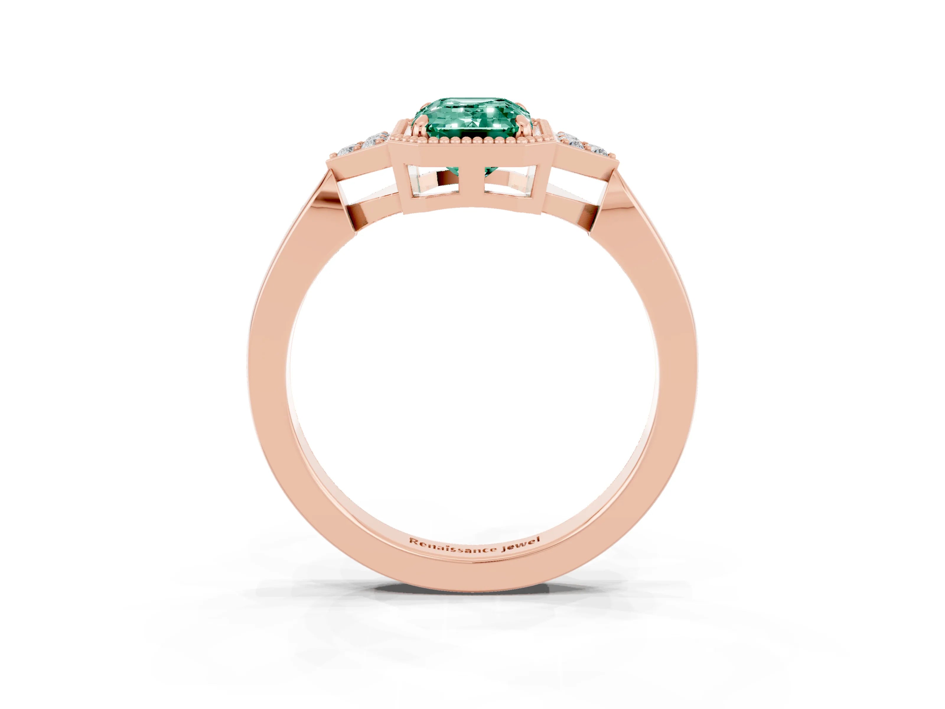 Rose gold Emerald Cut Green Sapphire Halo Ring with Tapered Band and Four-Prong Setting_3
