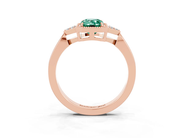 Rose gold Emerald Cut Green Sapphire Halo Ring with Tapered Band and Four-Prong Setting