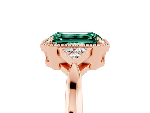 Rose gold Emerald Cut Green Sapphire Halo Ring with Tapered Band and Four-Prong Setting_5