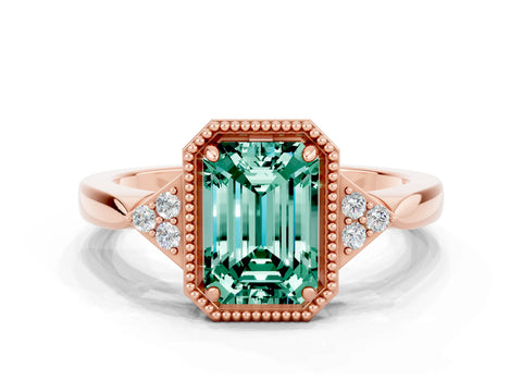 Rose gold Emerald Cut Green Sapphire Halo Ring with Tapered Band and Four-Prong Setting