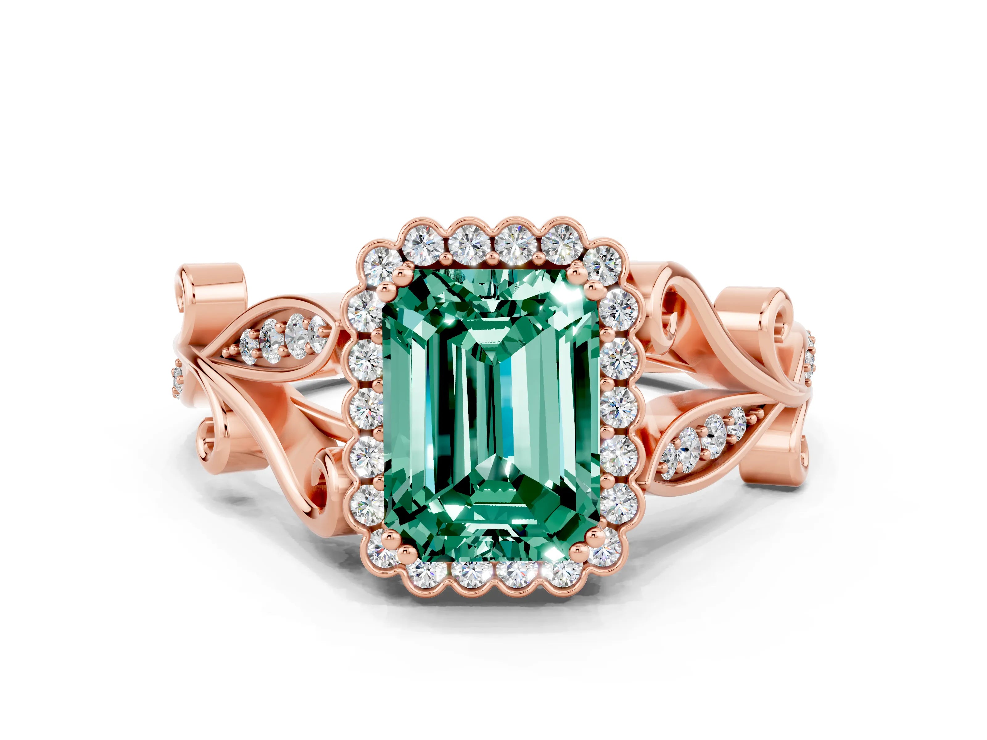 Rose gold Emerald Cut Green Sapphire Halo Ring with Vintage Split Shank and Four-Prong Setting