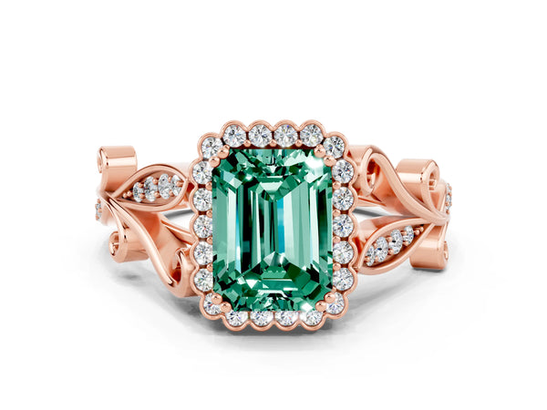 Rose gold Emerald Cut Green Sapphire Halo Ring with Vintage Split Shank and Four-Prong Setting