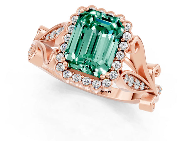 Rose gold Emerald Cut Green Sapphire Halo Ring with Vintage Split Shank and Four-Prong Setting
