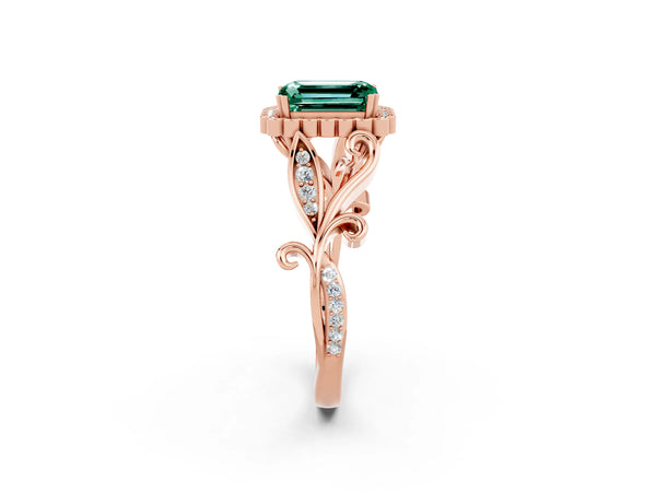 Rose gold Emerald Cut Green Sapphire Halo Ring with Vintage Split Shank and Four-Prong Setting