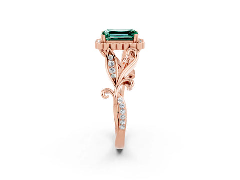 Rose gold Emerald Cut Green Sapphire Halo Ring with Vintage Split Shank and Four-Prong Setting_2