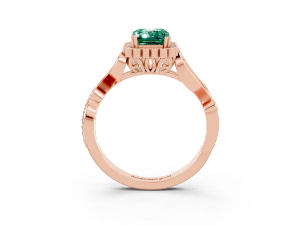 Rose gold Emerald Cut Green Sapphire Halo Ring with Vintage Split Shank and Four-Prong Setting