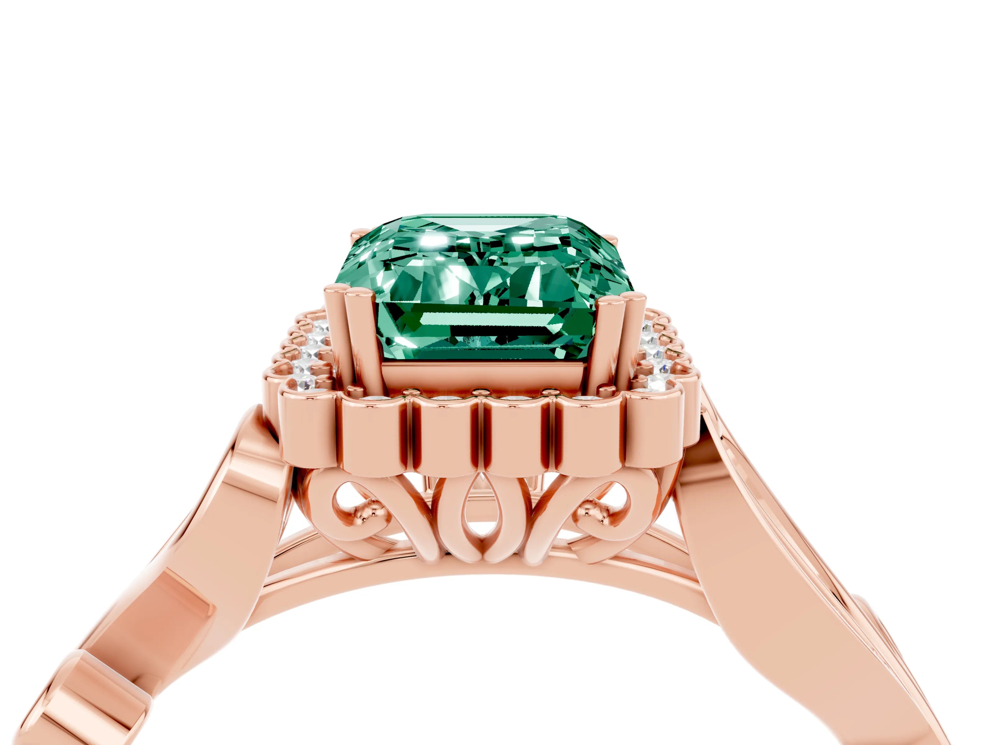 Rose gold Emerald Cut Green Sapphire Halo Ring with Vintage Split Shank and Four-Prong Setting_4