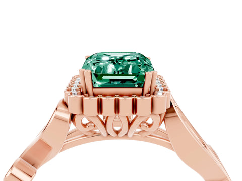 Rose gold Emerald Cut Green Sapphire Halo Ring with Vintage Split Shank and Four-Prong Setting_4