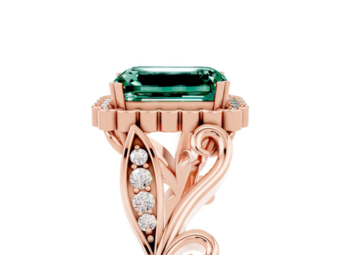 Rose gold Emerald Cut Green Sapphire Halo Ring with Vintage Split Shank and Four-Prong Setting_5