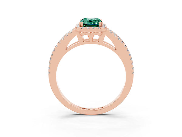Rose gold Emerald Cut Green Sapphire Halo Split Shank Engagement Ring