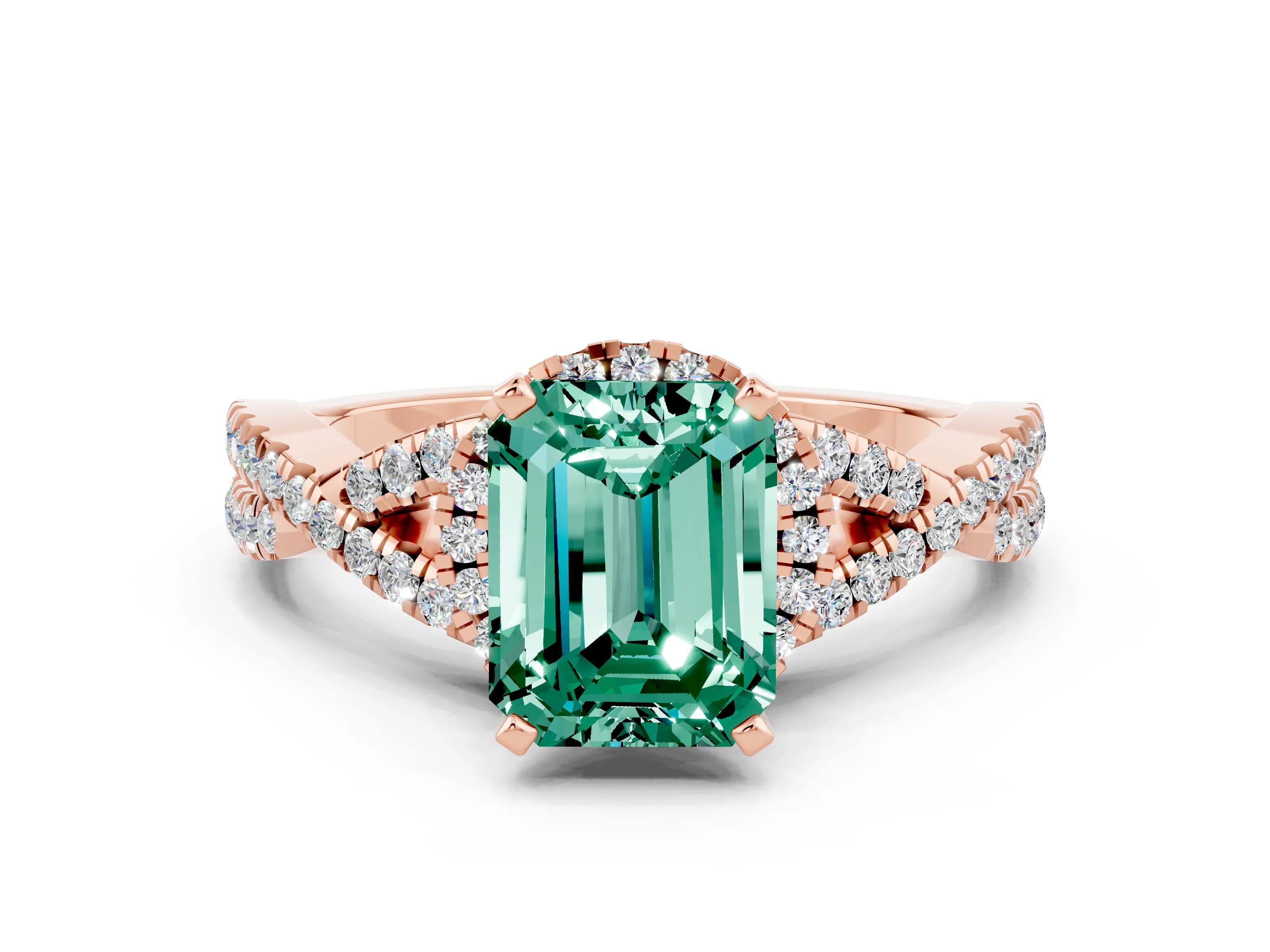 Rose gold Emerald Cut Green Sapphire Halo Twist Band Solitaire Prong Setting Ring