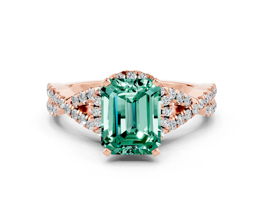 Rose gold Emerald Cut Green Sapphire Halo Twist Band Solitaire Prong Setting Ring