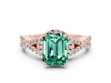 Rose gold Emerald Cut Green Sapphire Halo Twist Band Solitaire Prong Setting Ring