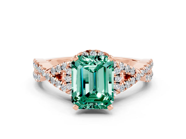 Rose gold Emerald Cut Green Sapphire  Halo Twist Band Solitaire Prong Setting Ring
