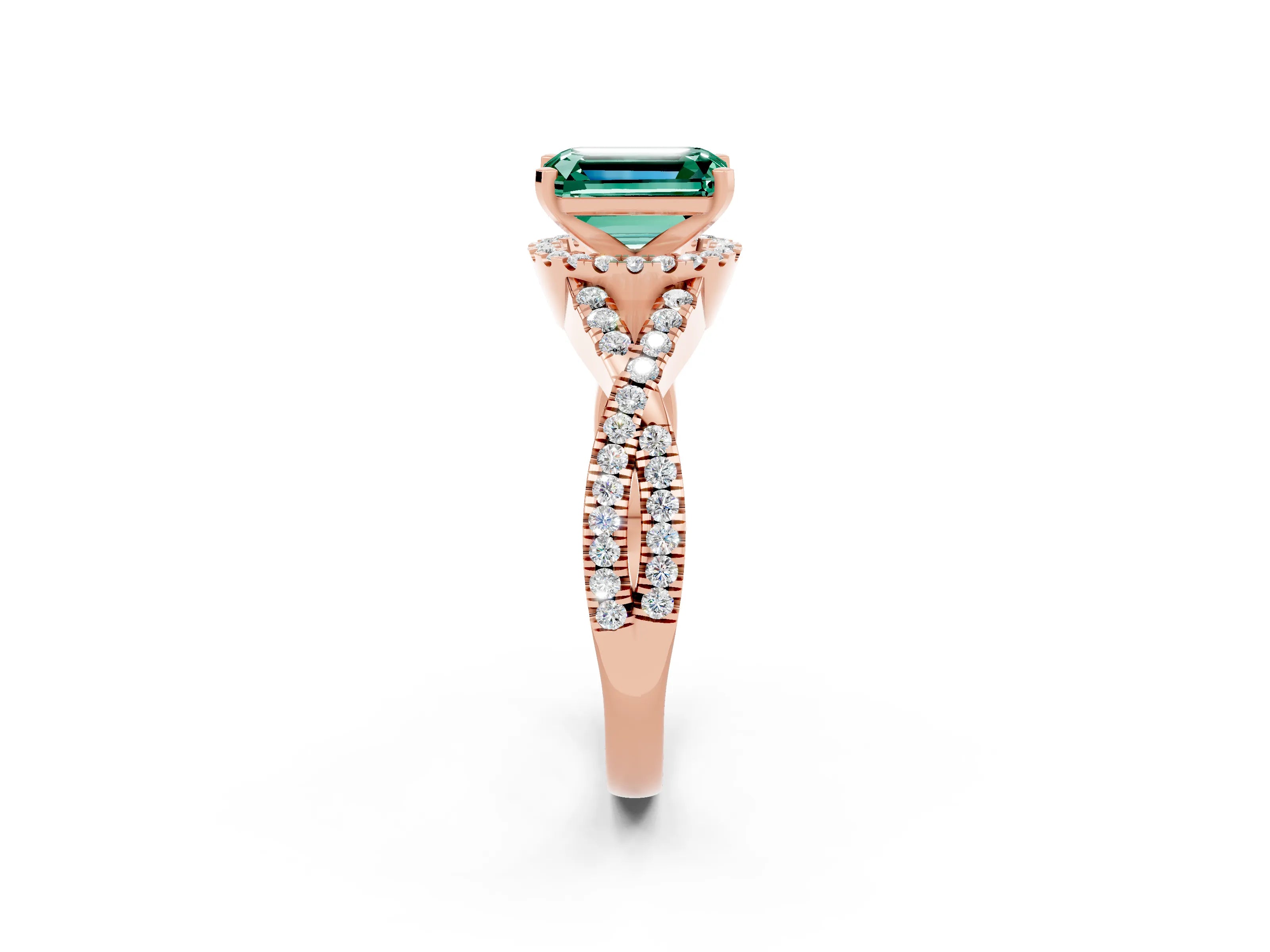 Rose gold Emerald Cut Green Sapphire Halo Twist Band Solitaire Prong Setting Ring_2