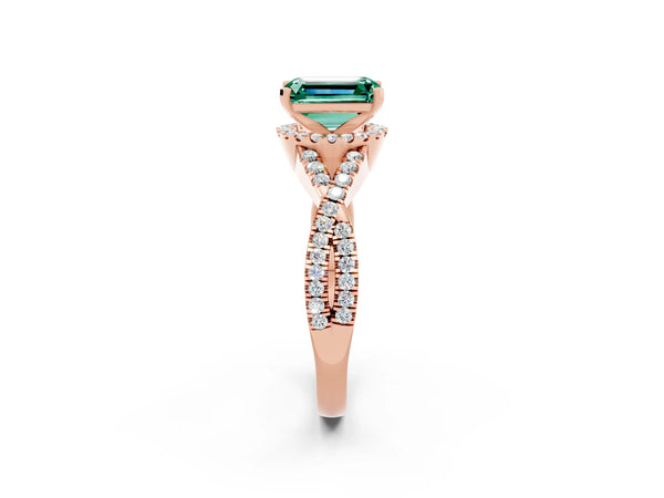 Rose gold Emerald Cut Green Sapphire  Halo Twist Band Solitaire Prong Setting Ring