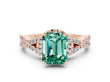 Rose gold Emerald Cut Green Sapphire  Halo Twist Band Solitaire Prong Setting Ring_24