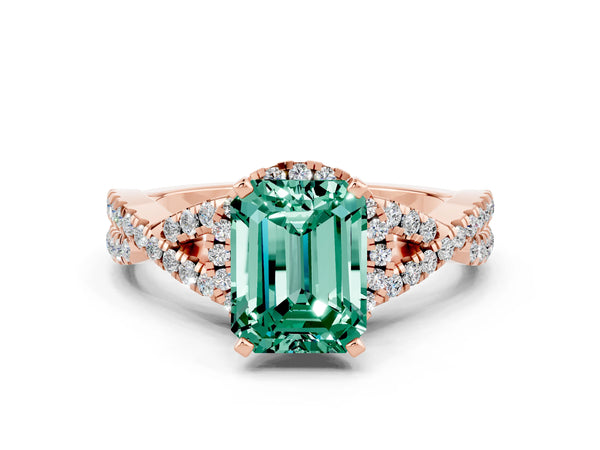 Rose gold Emerald Cut Green Sapphire  Halo Twist Band Solitaire Prong Setting Ring