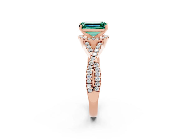 Rose gold Emerald Cut Green Sapphire  Halo Twist Band Solitaire Prong Setting Ring