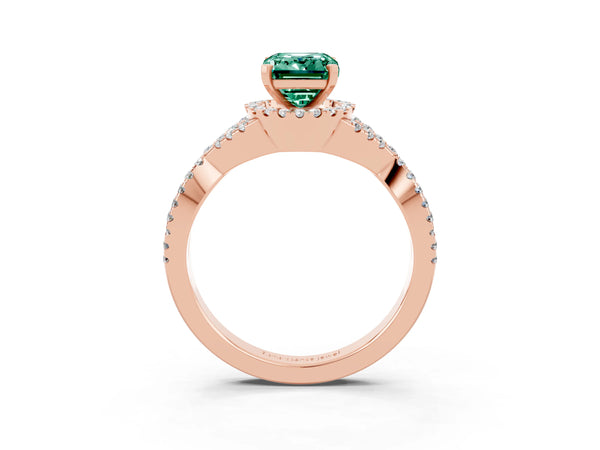 Rose gold Emerald Cut Green Sapphire  Halo Twist Band Solitaire Prong Setting Ring