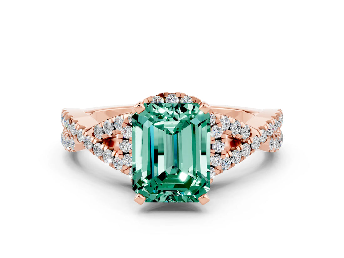 Rose gold Emerald Cut Green Sapphire  Halo Twist Band Solitaire Prong Setting Ring_48