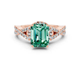 Rose gold Emerald Cut Green Sapphire  Halo Twist Band Solitaire Prong Setting Ring_48