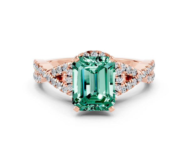 Rose gold Emerald Cut Green Sapphire  Halo Twist Band Solitaire Prong Setting Ring