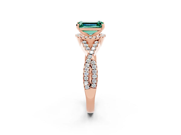 Rose gold Emerald Cut Green Sapphire  Halo Twist Band Solitaire Prong Setting Ring