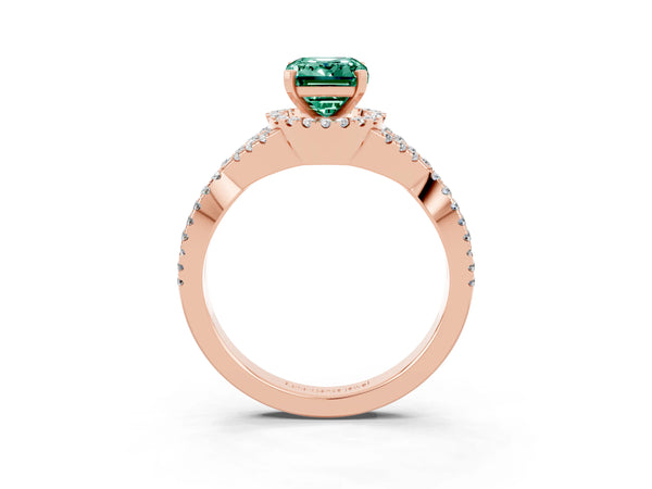 Rose gold Emerald Cut Green Sapphire  Halo Twist Band Solitaire Prong Setting Ring