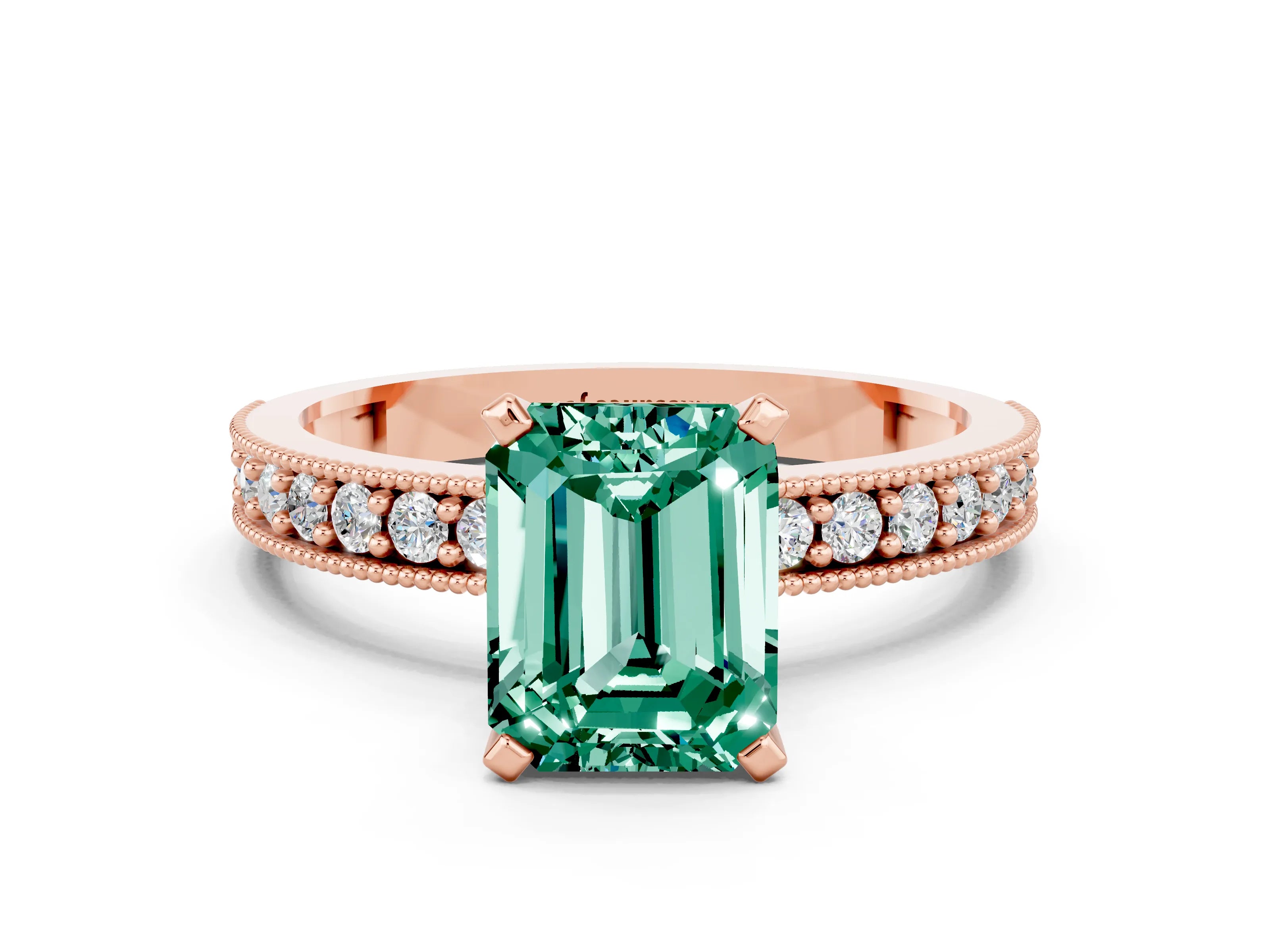 Rose gold Emerald Cut Green Sapphire Milgrain Pavé Engagement Ring with Four-Prong Setting_12