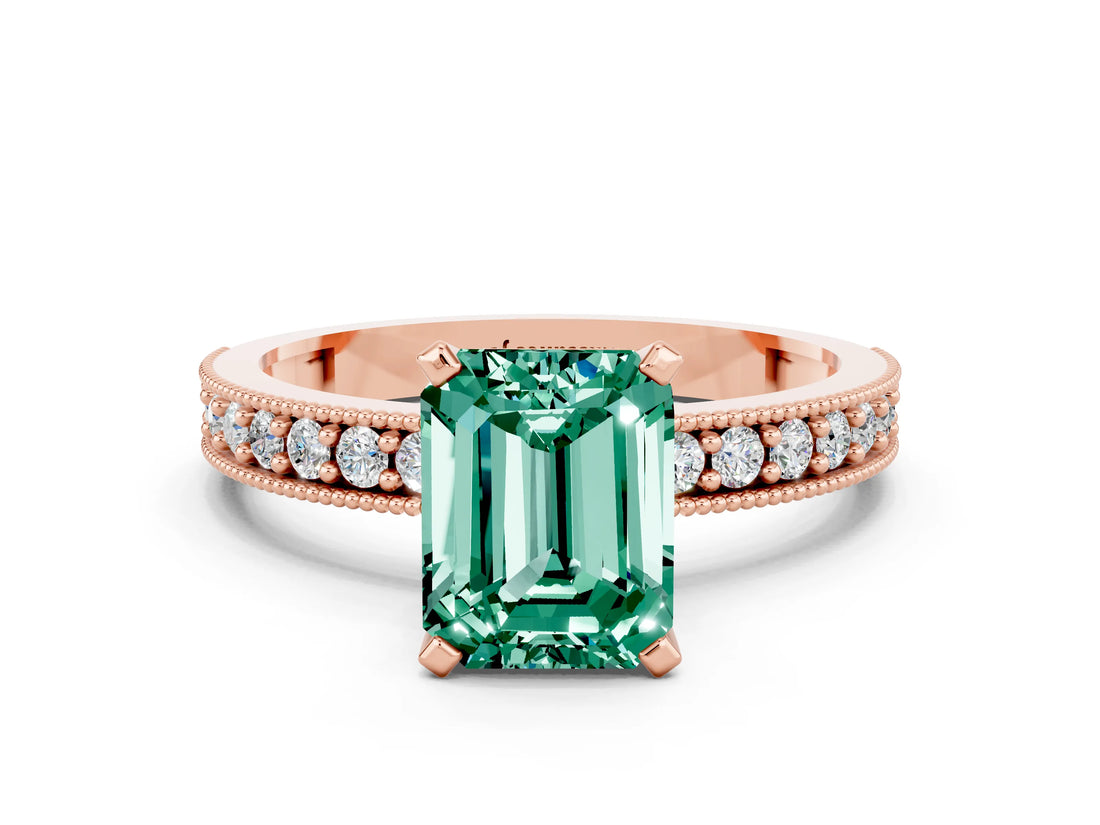 Rose gold Emerald Cut Green Sapphire Milgrain Pavé Engagement Ring with Four-Prong Setting_12