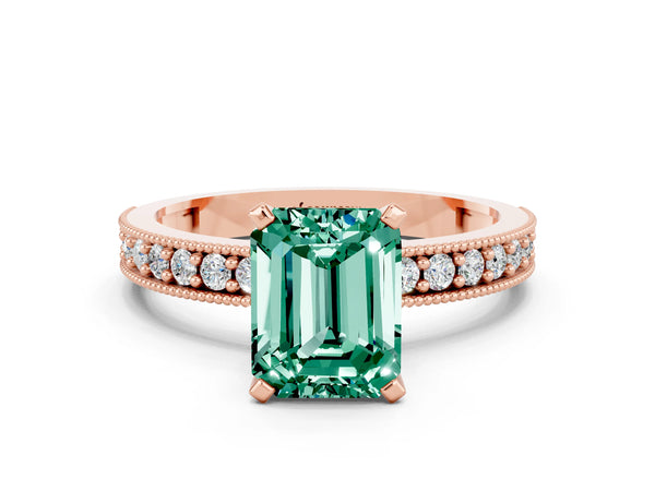 Rose gold Emerald Cut Green Sapphire Milgrain Pavé Engagement Ring with Four-Prong Setting