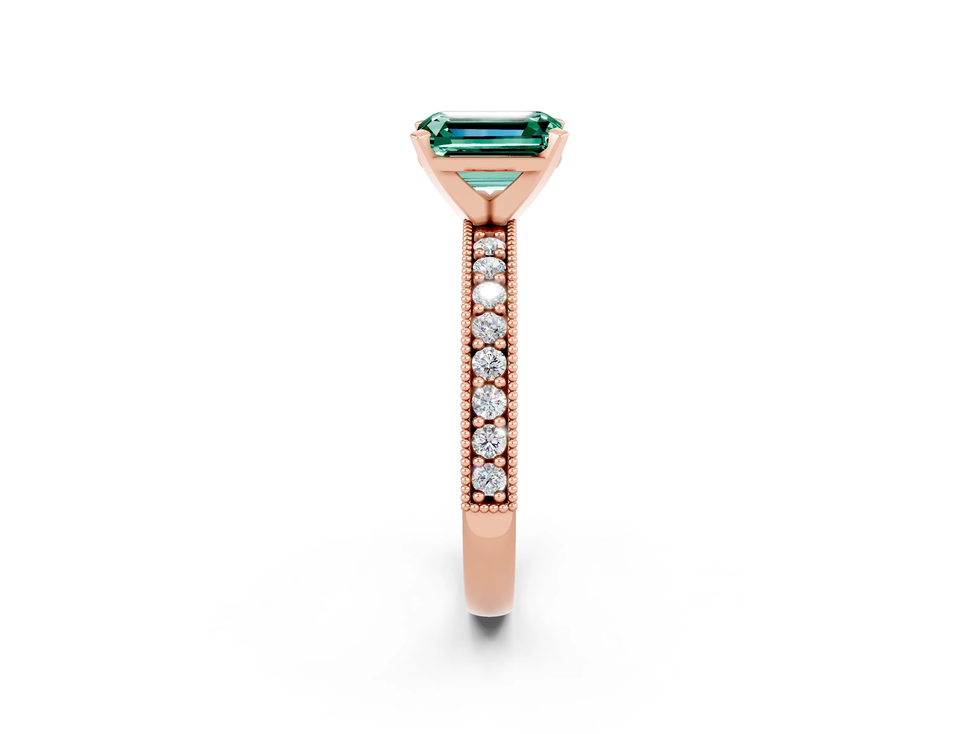 Rose gold Emerald Cut Green Sapphire Milgrain Pavé Engagement Ring with Four-Prong Setting_14
