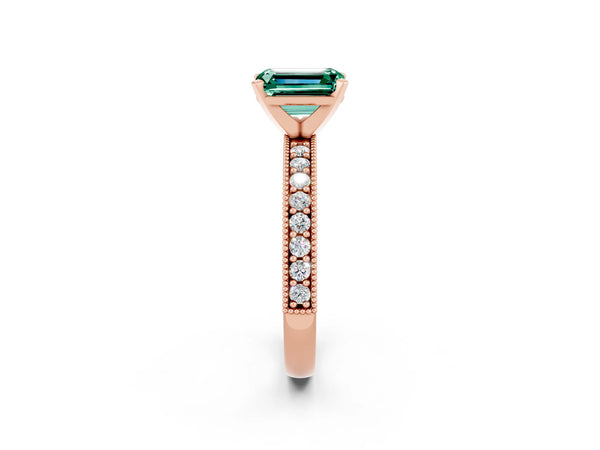 Rose gold Emerald Cut Green Sapphire Milgrain Pavé Engagement Ring with Four-Prong Setting