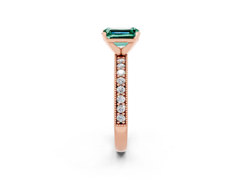 Rose gold Emerald Cut Green Sapphire Milgrain Pavé Engagement Ring with Four-Prong Setting_14