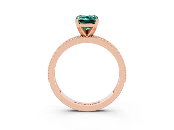 Rose gold Emerald Cut Green Sapphire Milgrain Pavé Engagement Ring with Four-Prong Setting