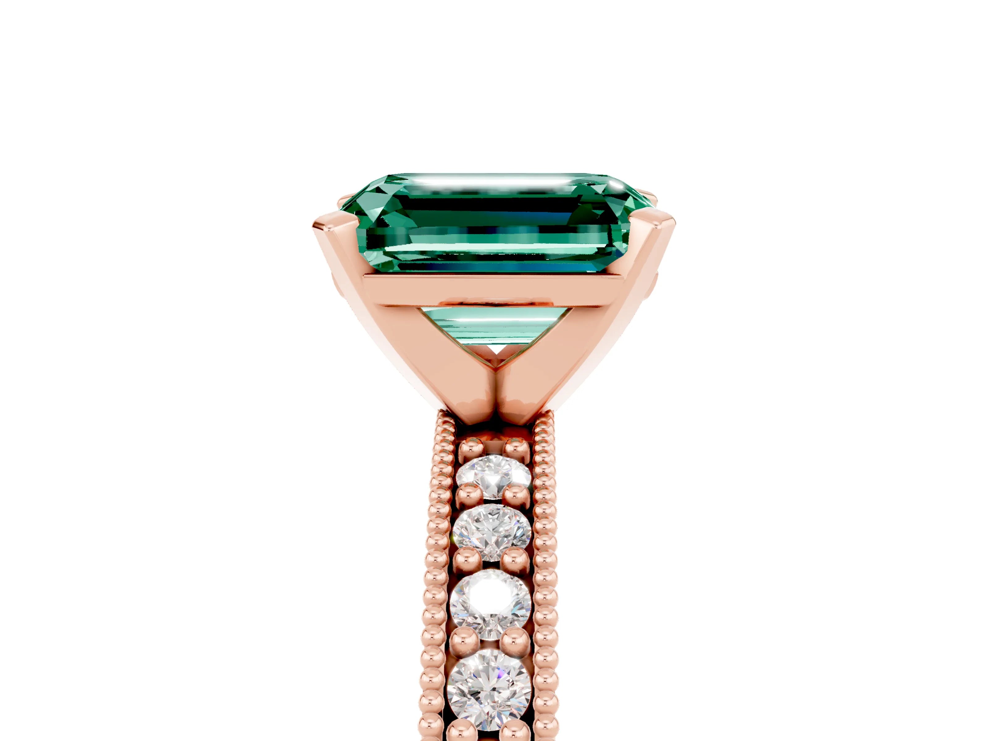 Rose gold Emerald Cut Green Sapphire Milgrain Pavé Engagement Ring with Four-Prong Setting_17