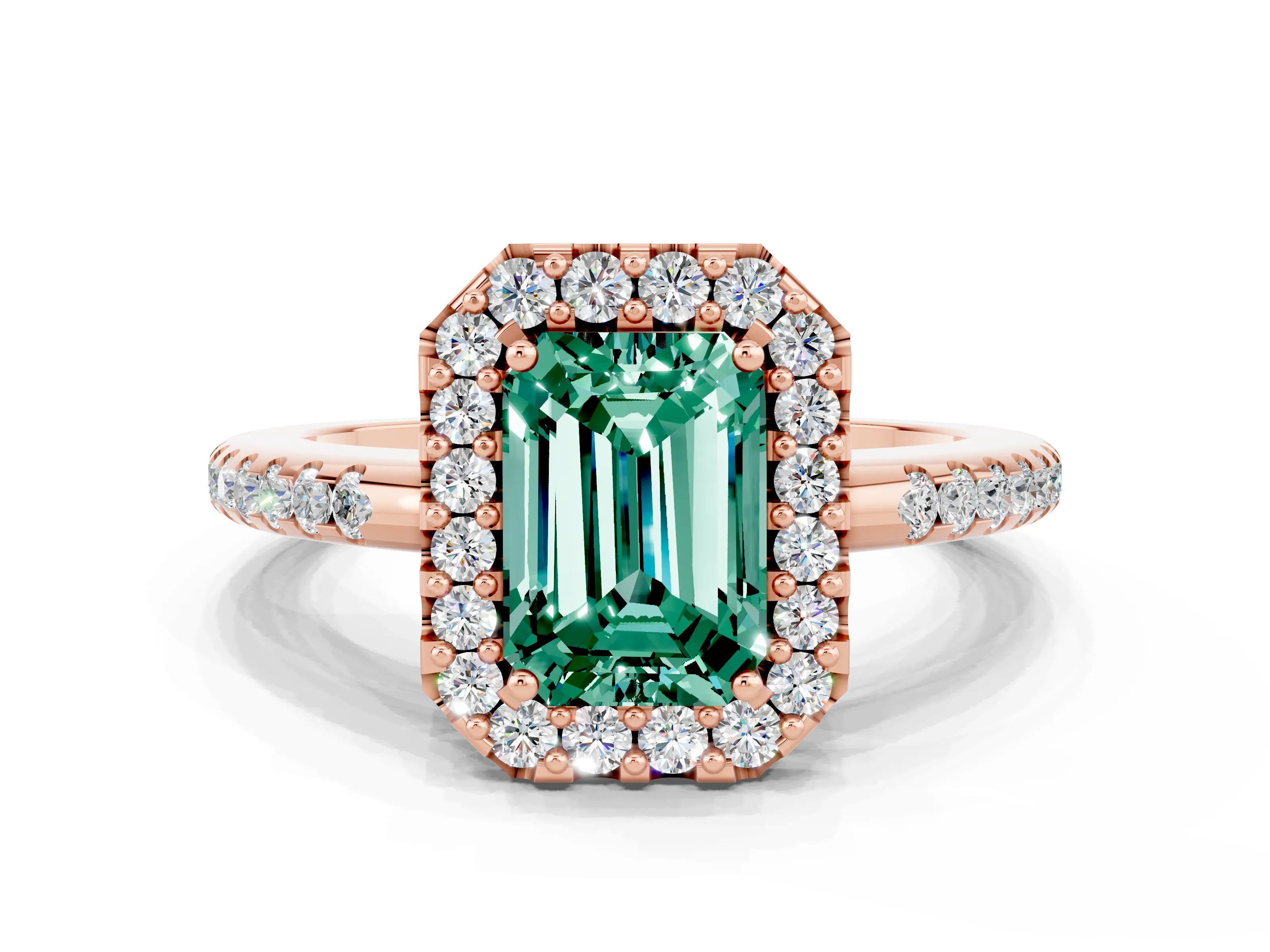 Rose gold Emerald Cut Green Sapphire Pavé Halo Ring with Four-Prong Setting_12