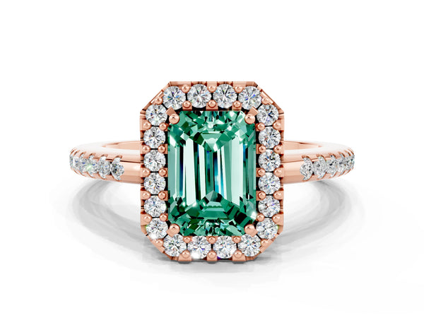 Rose gold Emerald Cut Green Sapphire Pavé Halo Ring with Four-Prong Setting