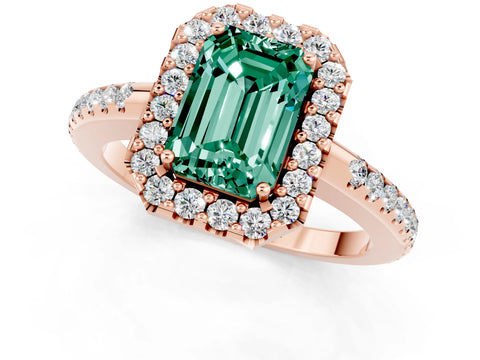 Rose gold Emerald Cut Green Sapphire Pavé Halo Ring with Four-Prong Setting_13