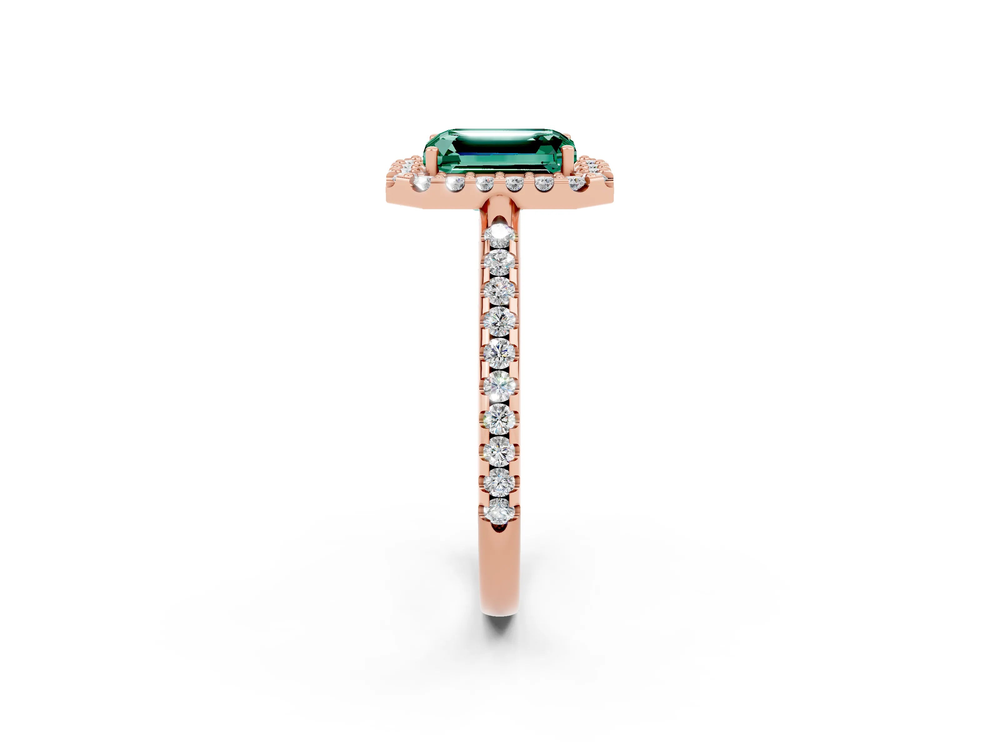 Rose gold Emerald Cut Green Sapphire Pavé Halo Ring with Four-Prong Setting_14