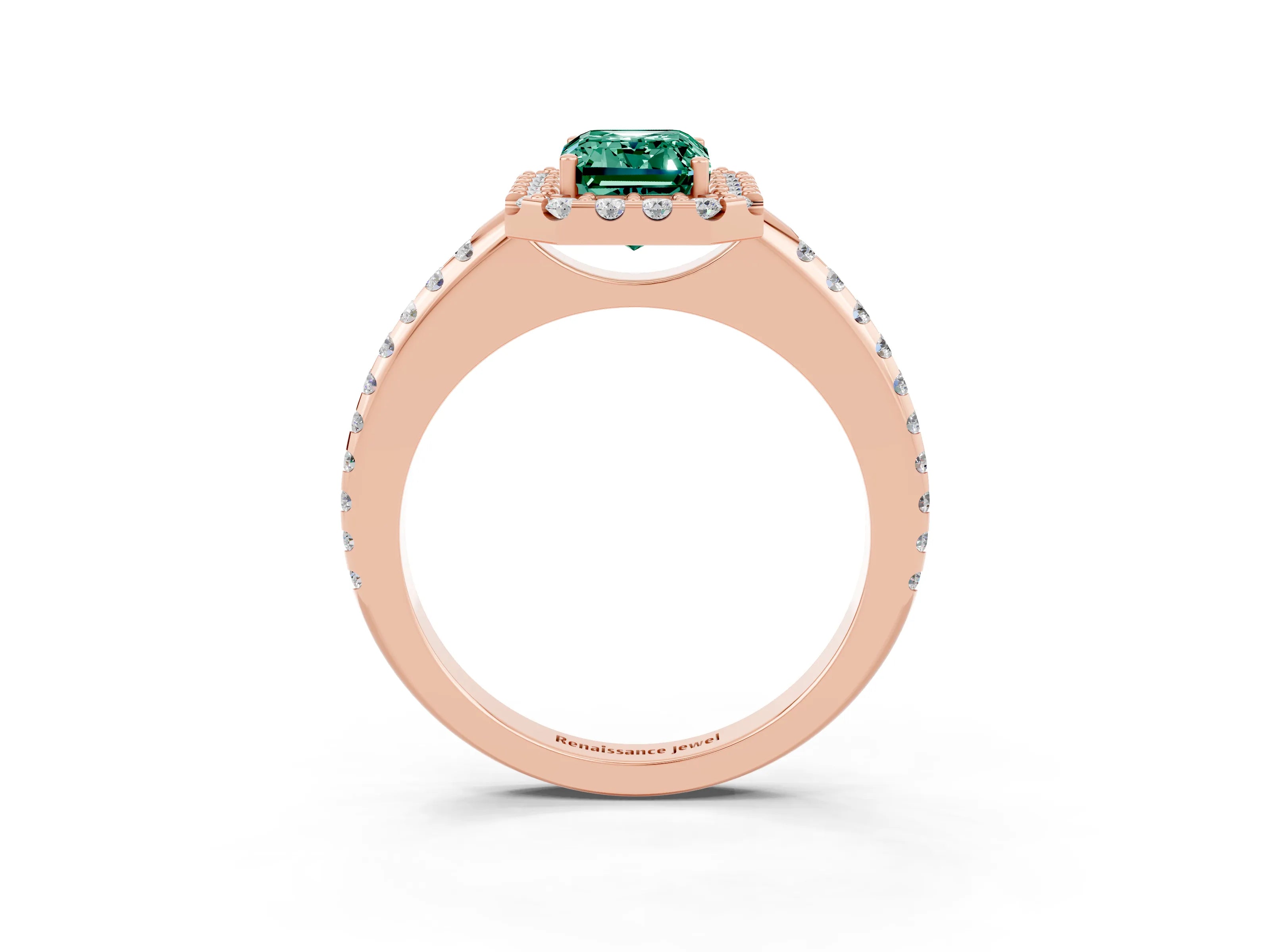 Rose gold Emerald Cut Green Sapphire Pavé Halo Ring with Four-Prong Setting_15