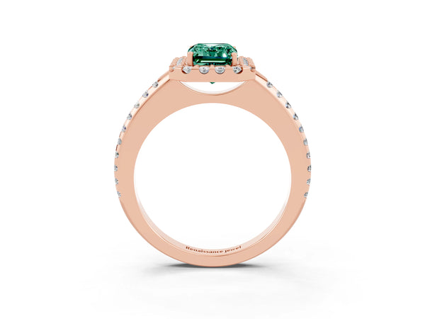 Rose gold Emerald Cut Green Sapphire Pavé Halo Ring with Four-Prong Setting