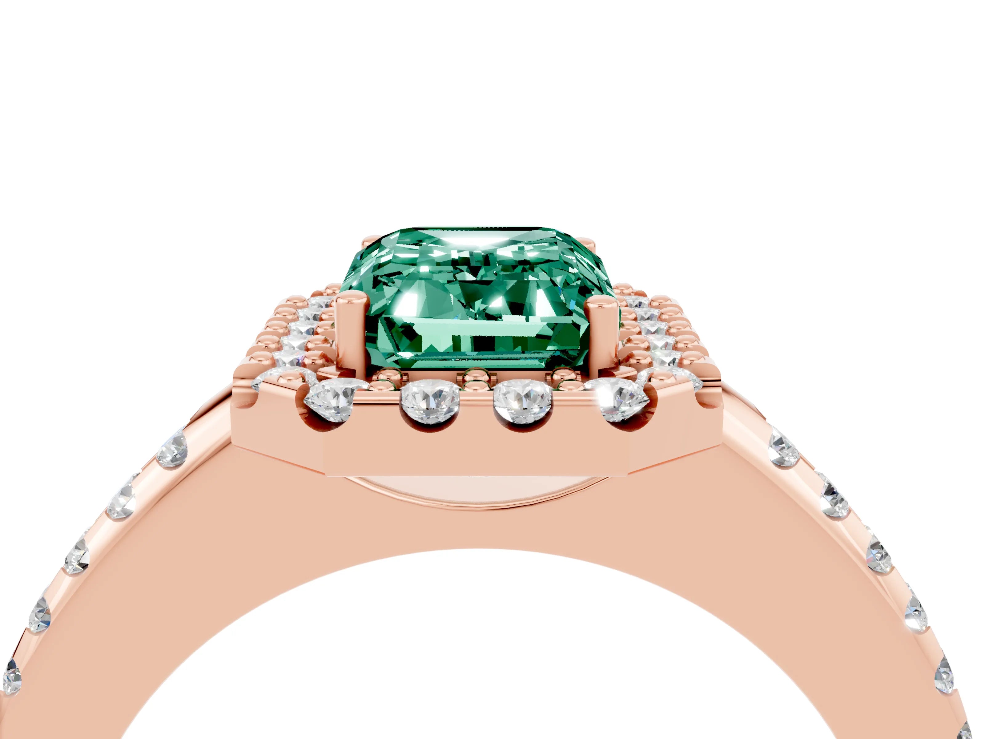 Rose gold Emerald Cut Green Sapphire Pavé Halo Ring with Four-Prong Setting_16