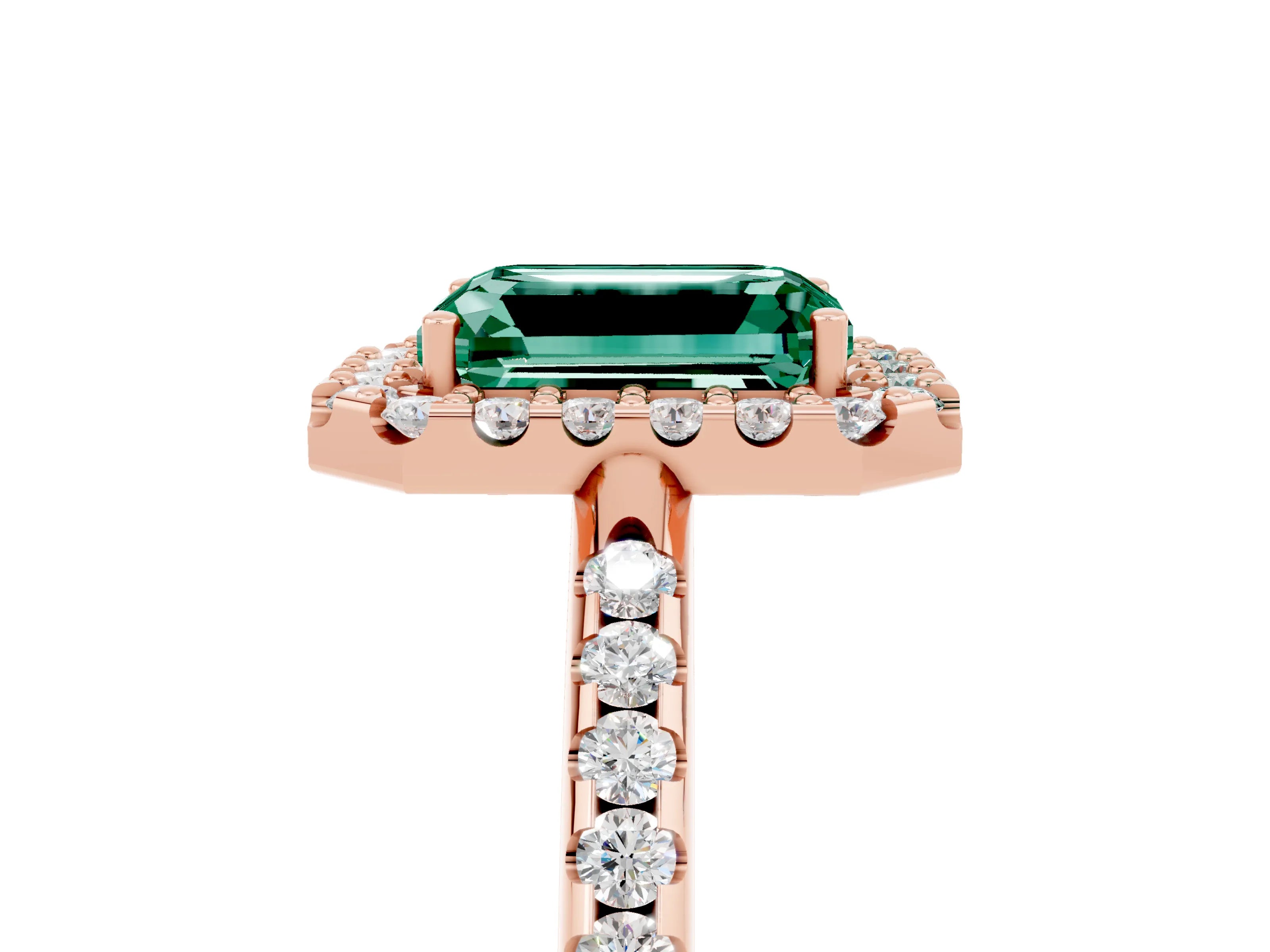 Rose gold Emerald Cut Green Sapphire Pavé Halo Ring with Four-Prong Setting_17