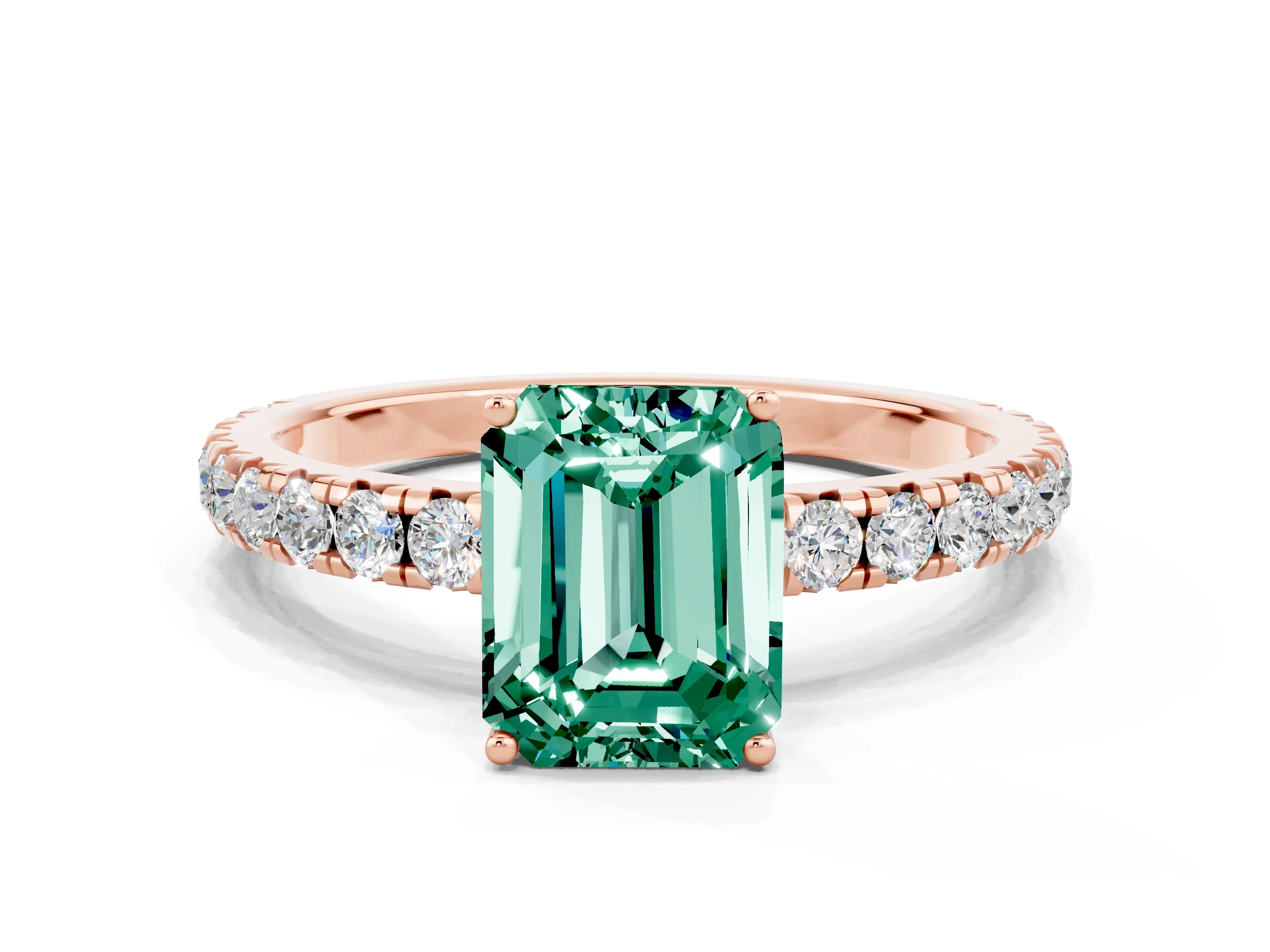 Rose gold Emerald Cut Green Sapphire Pavé Solitaire Engagement Ring with Four-Prong Setting_12
