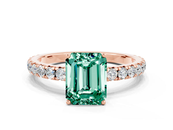 Rose gold Emerald Cut Green Sapphire Pavé Solitaire Engagement Ring with Four-Prong Setting